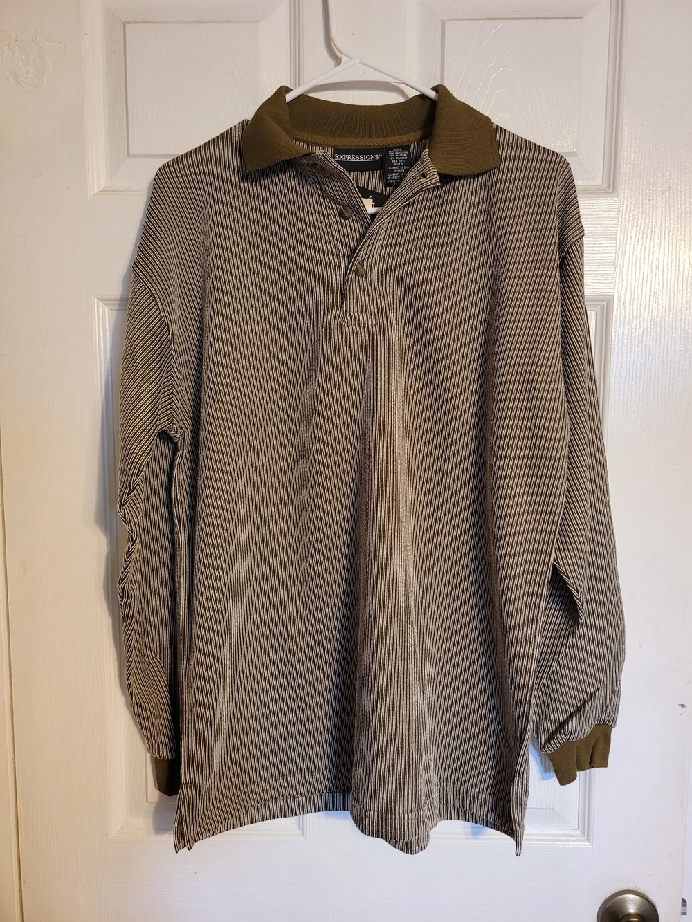Expressions Striped V-Neck Sweater with Olive Collar